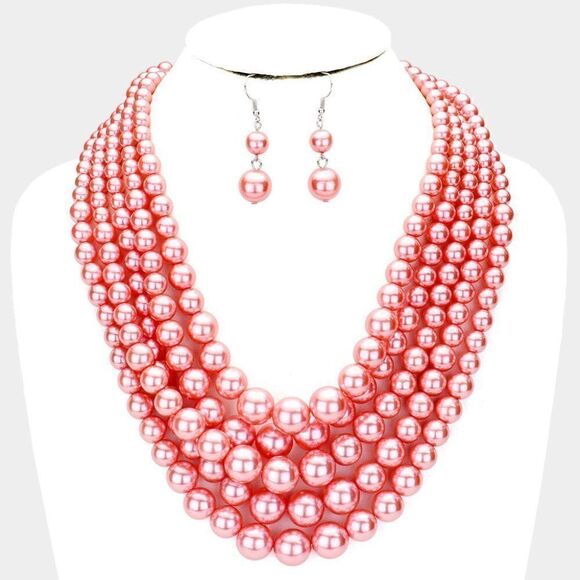 5 Strand Pearl (faux) Pink Necklace & Earring Set - Picture 1 of 8